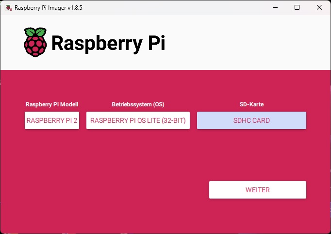 Wähle das Modell deines Raspberry Pi, das gewünschte Betriebssystem und die SD-Karte